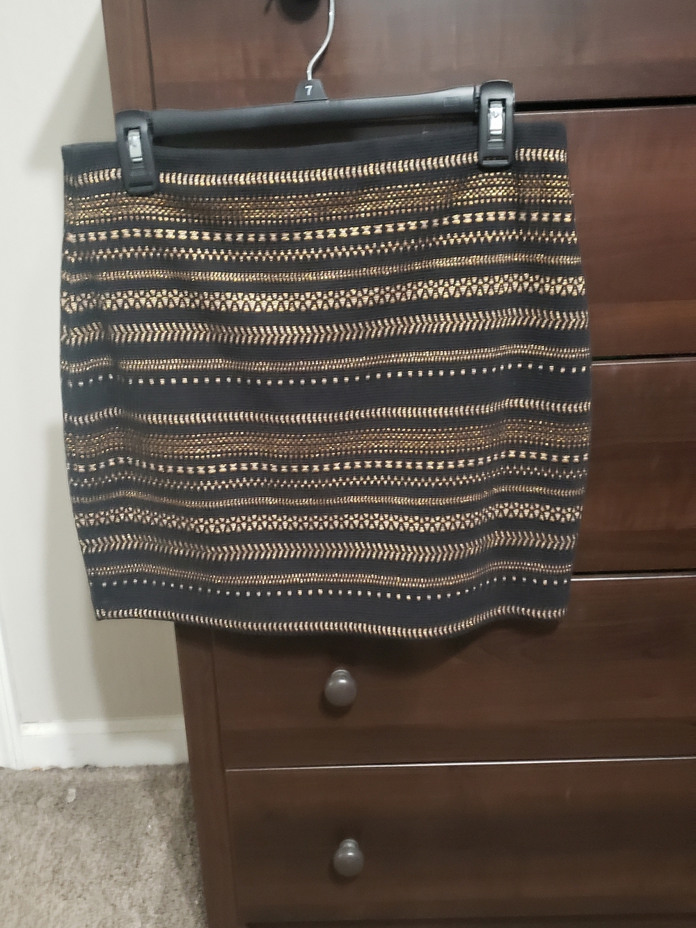Express Black Mini Skirt with Gold Stripe Pattern